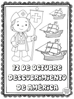 Coloring page of Christopher Columbus holding a cross flag with two sailing ships and Spanish text about Discovery of America
