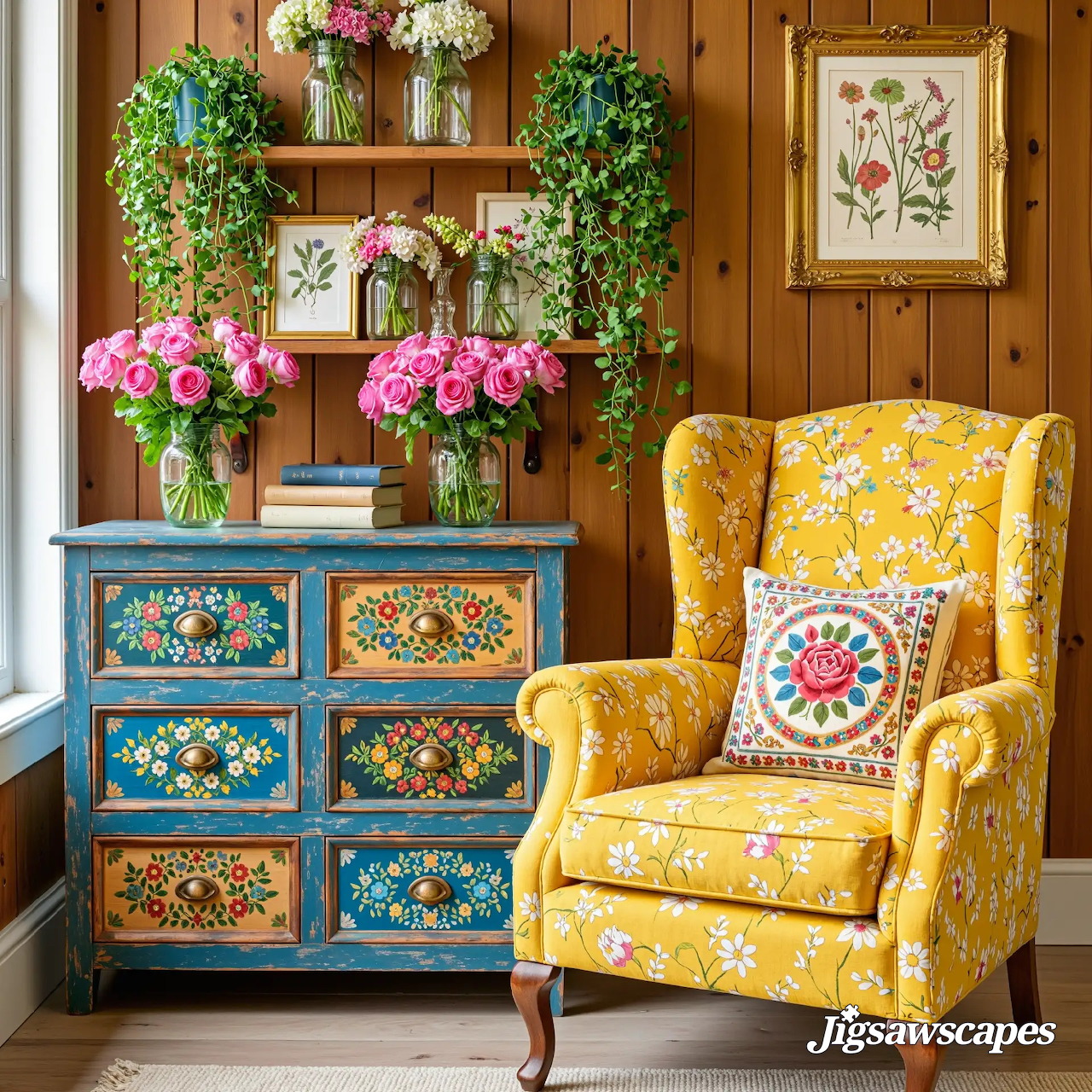 Yellow floral armchair beside a painted blue dresser with pink flowers and hanging plants