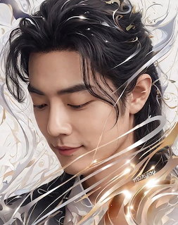 Digital art portrait of a young Asian man with black hair surrounded by swirling gold and silver ornamental designs