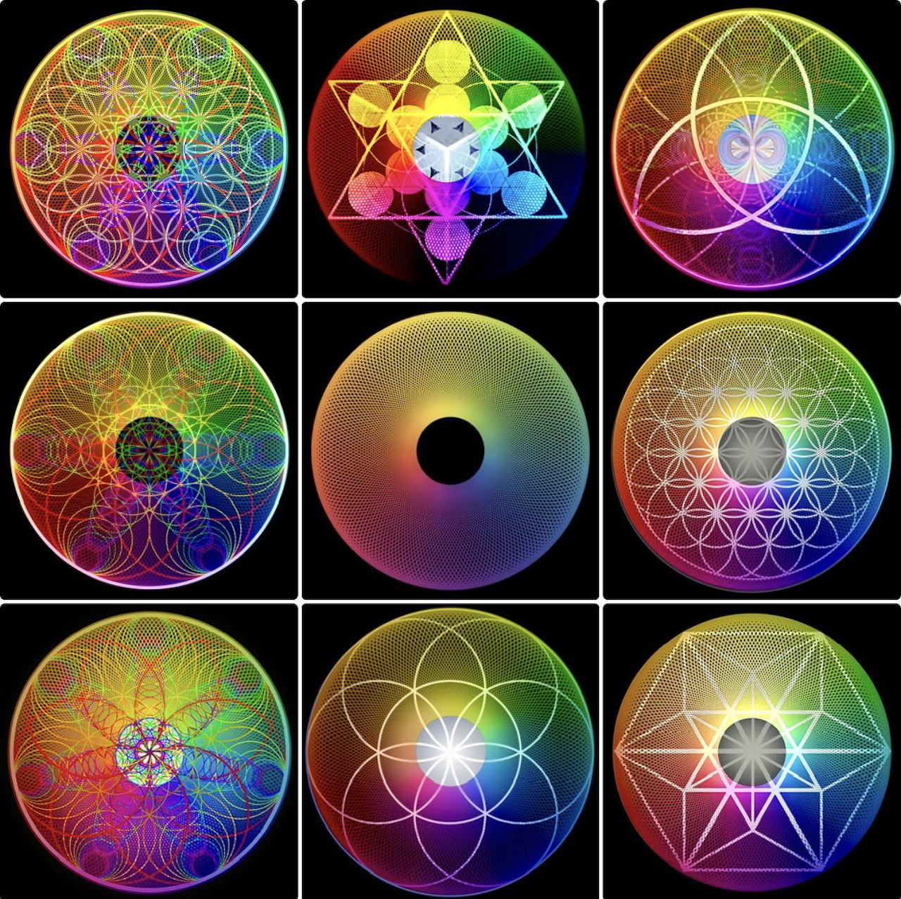 Nine circular sacred geometry designs with rainbow gradients and overlapping geometric patterns on black background