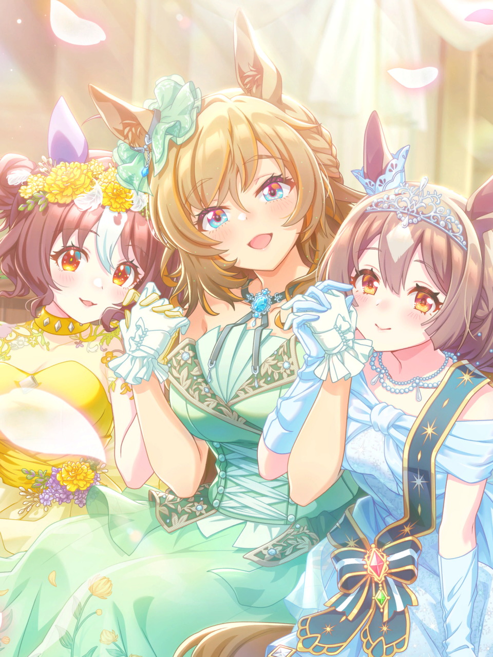 Three anime horse girls in pastel green and yellow dresses with animal ears, smiling together