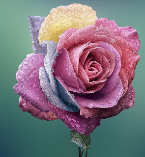 Close-up of a rainbow-colored rose with water droplets on gradient petals ranging from pink to purple to yellow