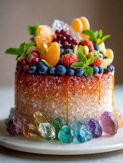Round fruit-topped cake with berries, citrus slices, mint, and colorful sugar crystals on a white plate