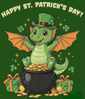 Cute green cartoon dragon with orange wings wearing a leprechaun hat behind a pot of gold coins