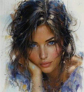Painterly portrait of a woman with blue eyes and dark mesy hair in expressive brushstroke style