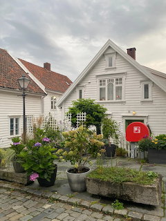 White wooden houses with red roof tiles and a garden with hydrangeas and poted plants on a cobblestone street