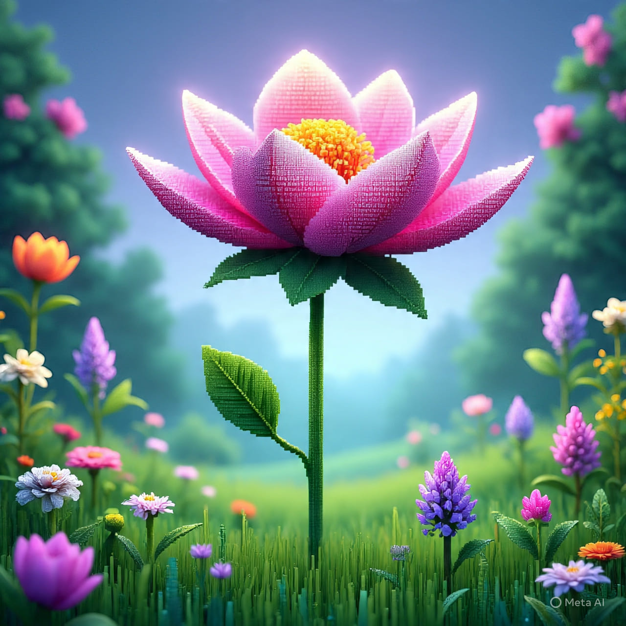 Pink lotus-like flower in a colorful meadow with small blossoms and soft trees
