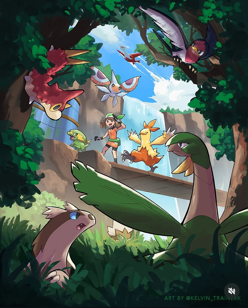 Pokemon trainer with Hoenn region Pokemon including Flygon, Blaziken, and Taillow in a forest adventure scene