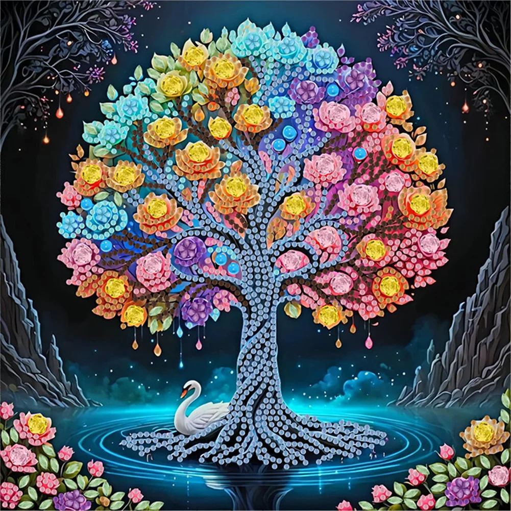 Colorful tree of life mandala with rainbow flowers, swan, and ornate border on teal background