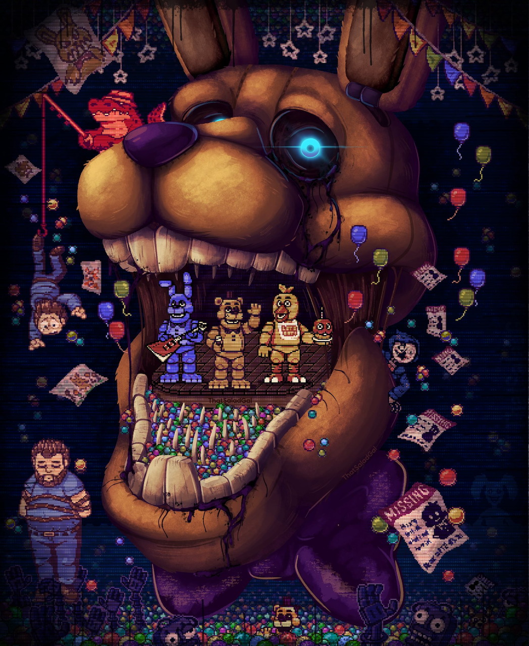 FNAF Into the Pit art showing a massive purple animatronic bunny with smaller bear animatronics and a child inside its mouth