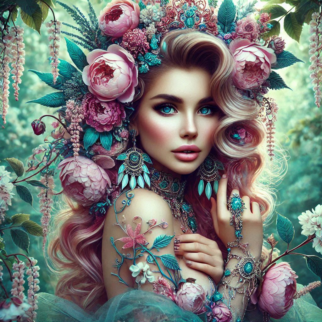 Fantasy woman with pink roses, turquoise jewelry, and flowing hair surrounded by flowers