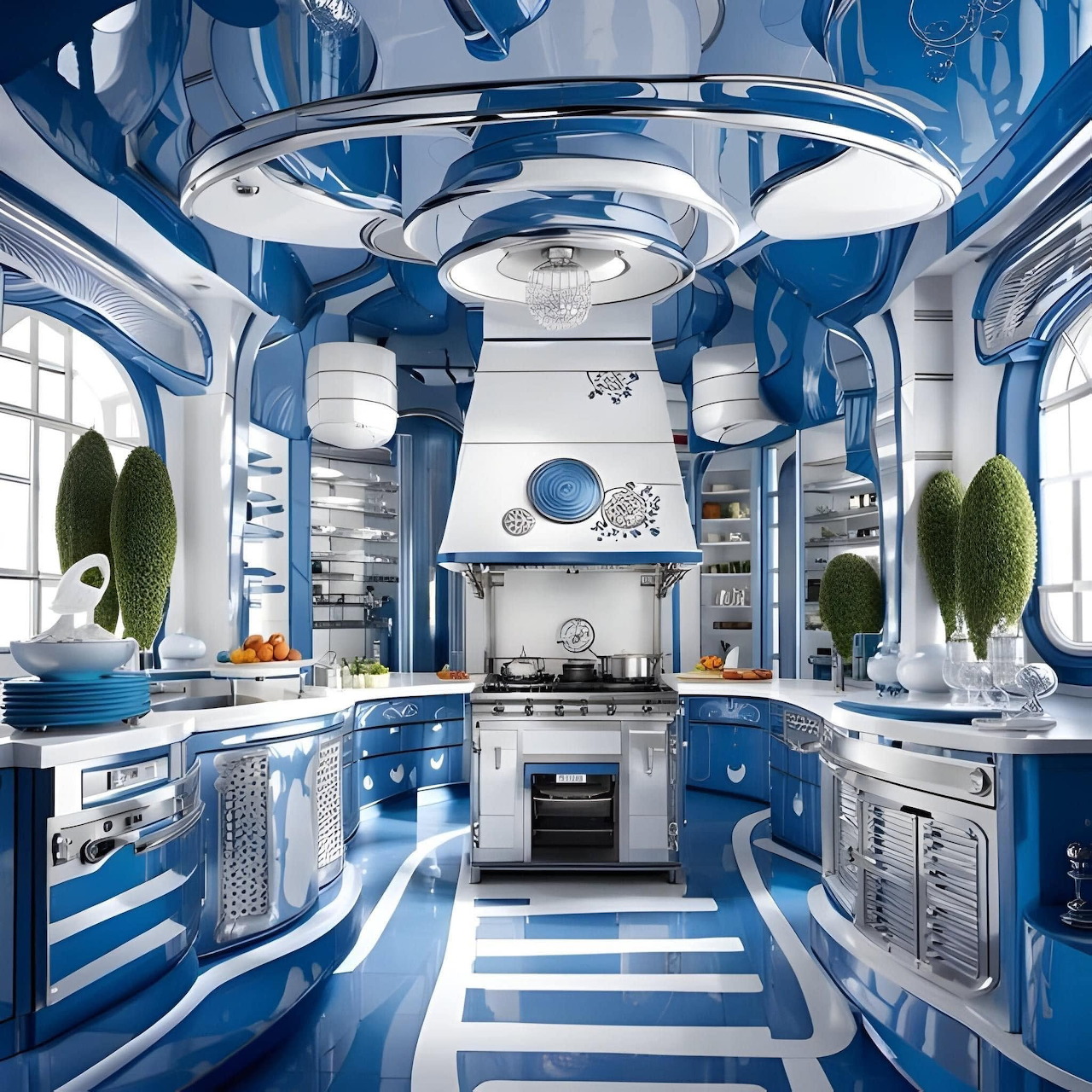 Futuristic blue and white kitchen with curved cabinets, striped floor, and metallic appliances