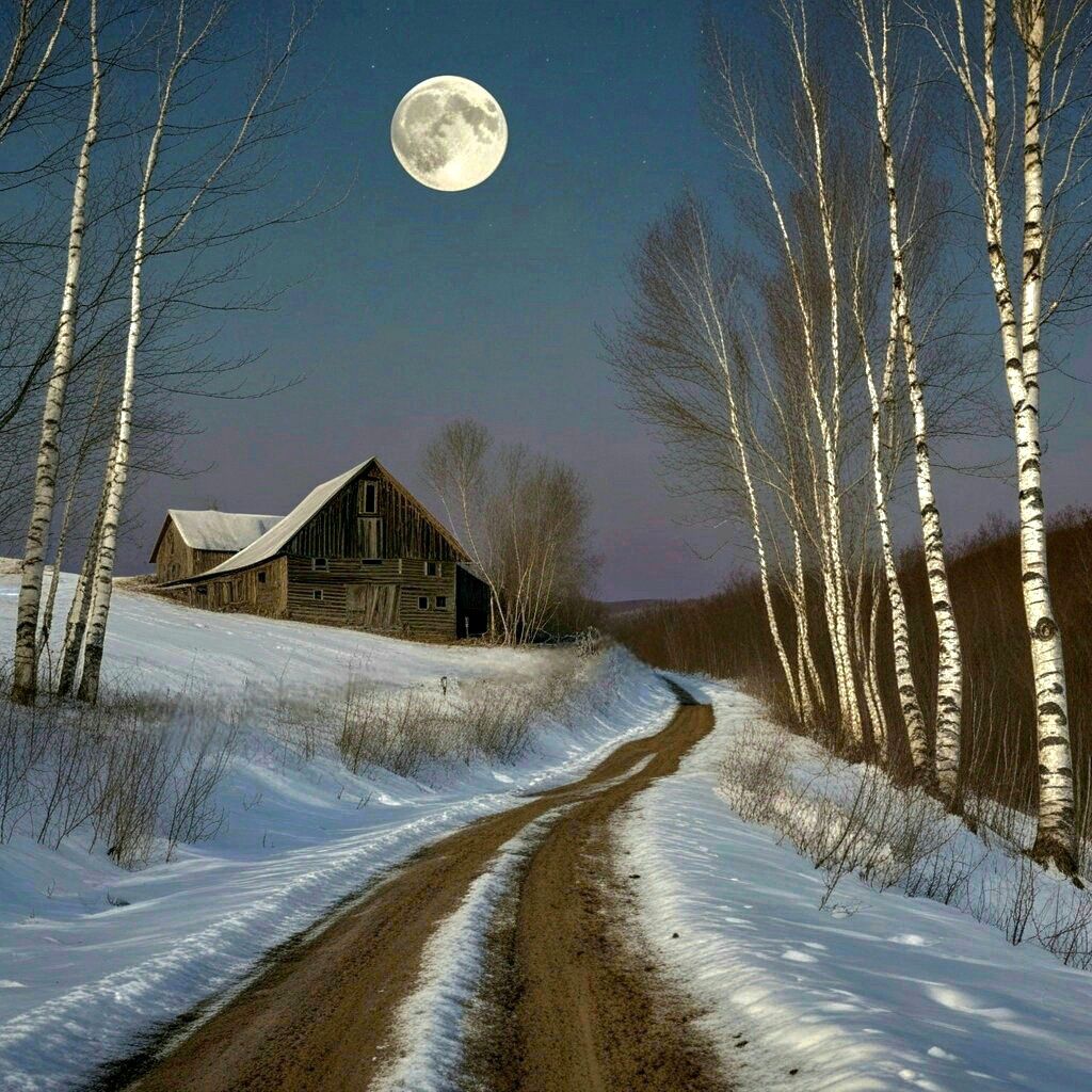 Rustic wooden cabin in snowy landscape with full moon above and birch trees lining a curved path