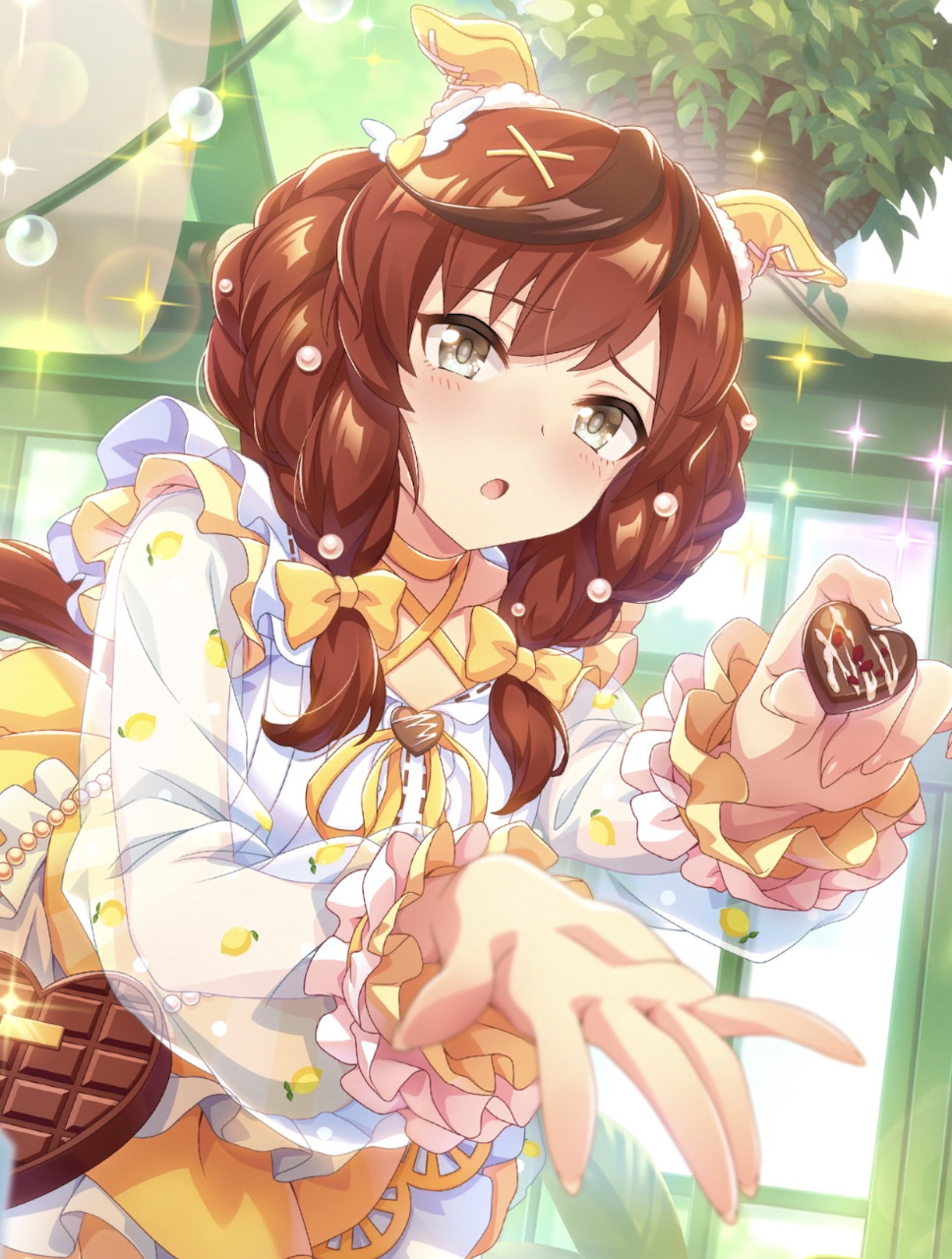 Anime girl with brown twintails holding chocolate, wearing a frilly yellow and white dress with sparkles