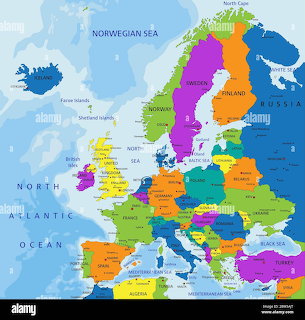 Colorful political map of Europe with labeled countries and seas