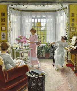 Painting of three women in a sunlit early 1900s parlor with flowers, plants, and a piano