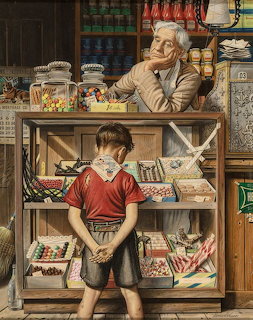 Painting of a boy looking at candy in a vintage shop with an elderly shopkeeper leaning on the counter