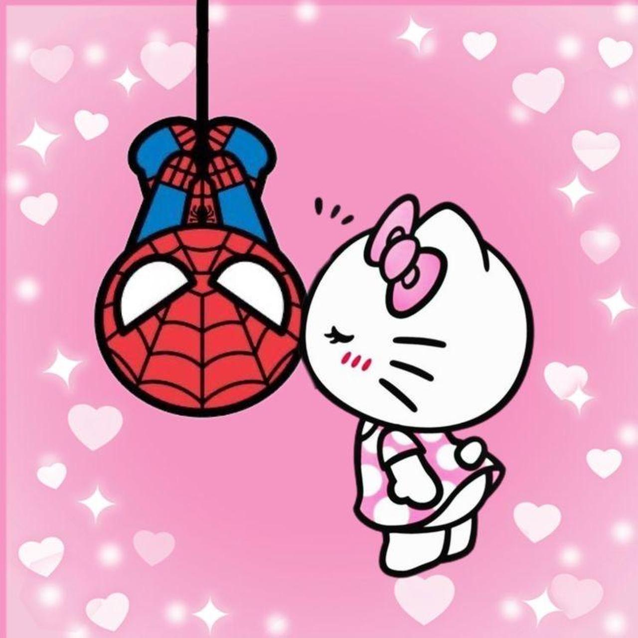 White cartoon cat with pink bow gazing at upside-down Spider-Man character on pink heart-filled background