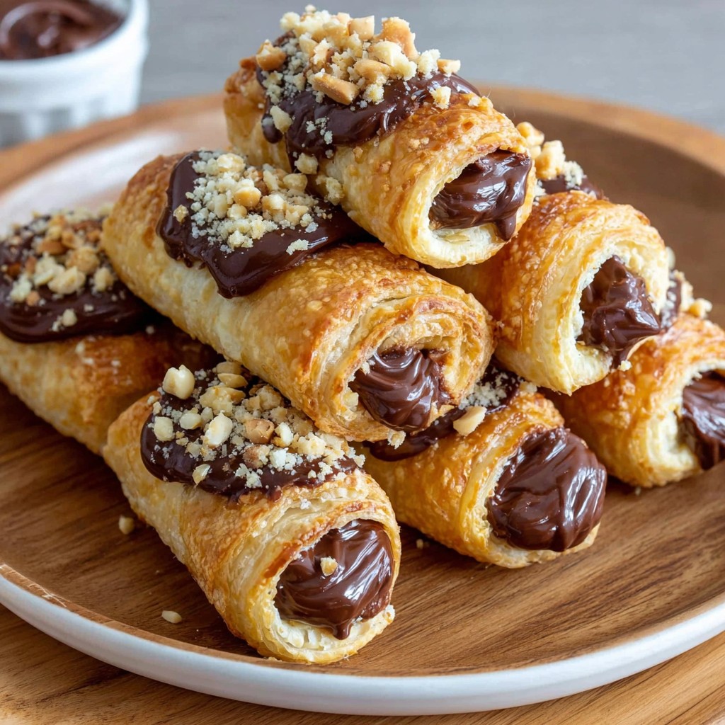 Stack of golden chocolate-filled pastry rolls with nut topping on wooden plate