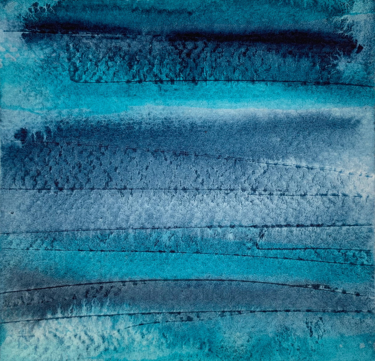 Abstract watercolor with horizontal turquoise and blue brushstrokes in layers