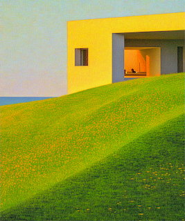Bright yellow modern house on green grassy hill with lit window at dusk