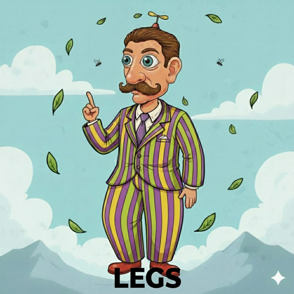 Cartoon mustached man in a striped striped suit floating in the sky with leaves and clouds