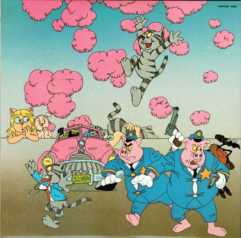 Cartoon pigs in police uniforms with cats and pink clouds in vintage animation style