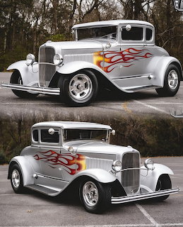 Silver vintage hot rod coupe with flame graphics parked outdoors, shown from two angles