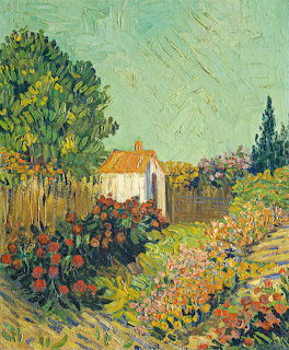 Impressionist oil painting showing a white cottage with orange roof amid a lush garden with colorful flowers and cypress trees