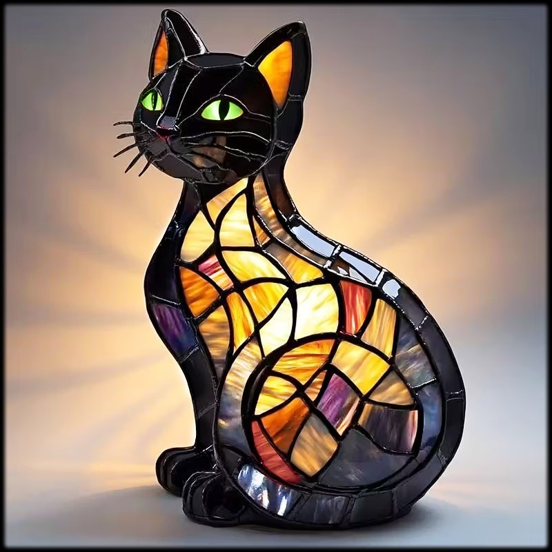 Stained glass cat lamp with black head and colorful mosaic body glowing warmly against neutral background