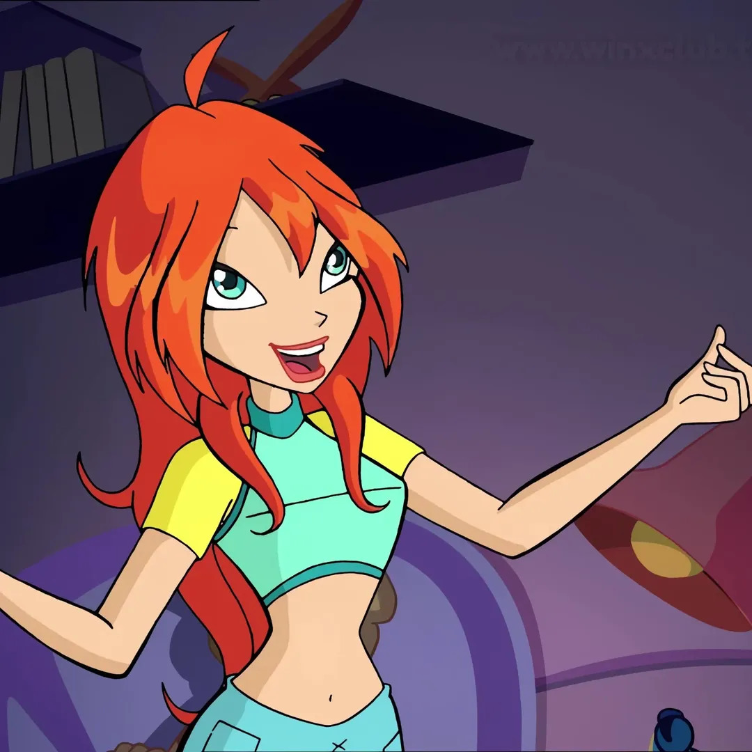 Cartoon red-haired girl in a turquoise crop top smiling and gesturing indoors