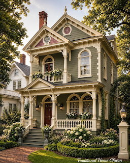 Victorian house with decorative trim, wraparound porch, and landscaped front garden
