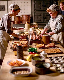 Two women in early 1900s kitchen uniforms working at a table laden with food and dishes in a traditional kitchen