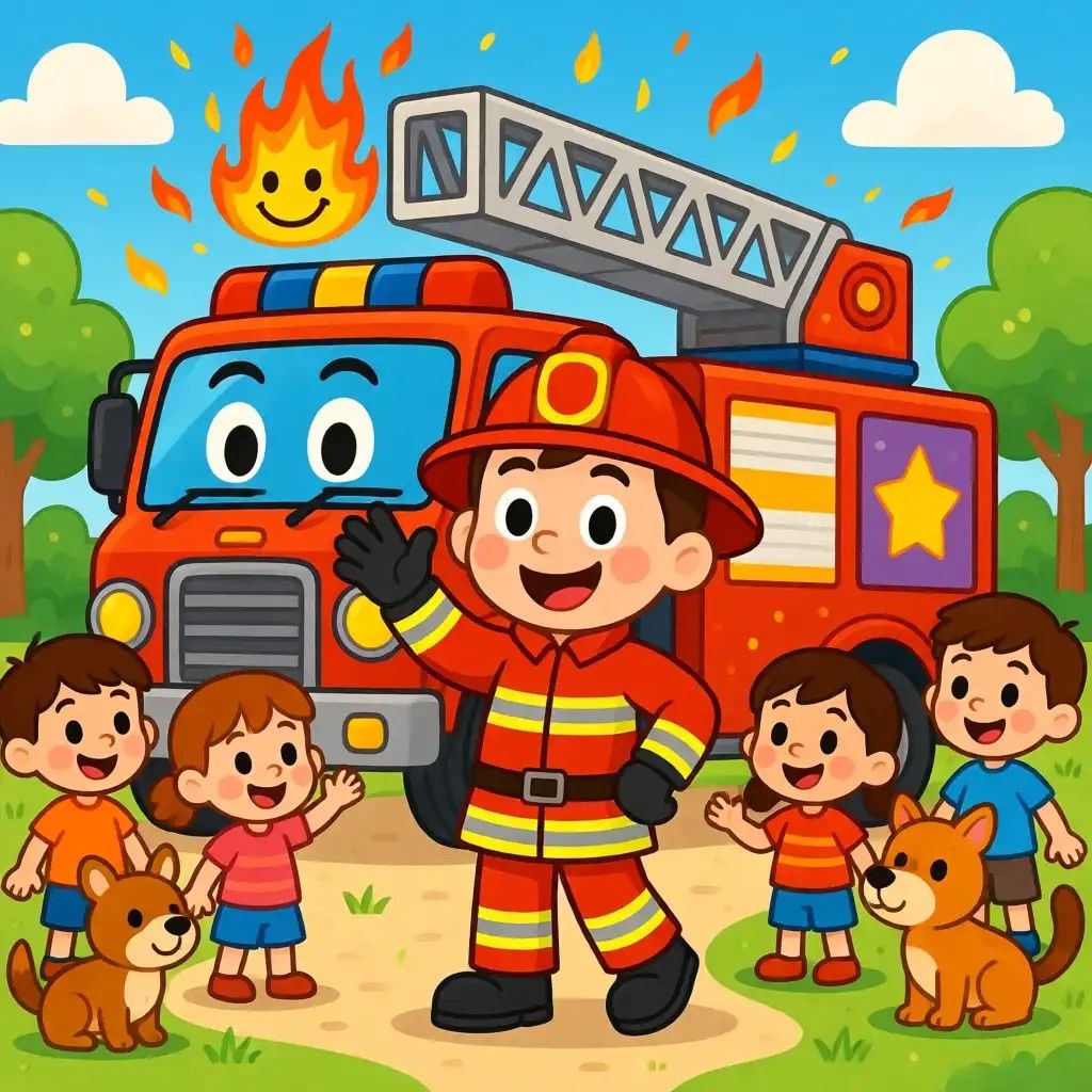 Firefighter with Children and Fire Truck