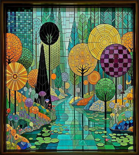 Colorful abstract landscape with stylized trees, a pond, and lily pads in a geometric design