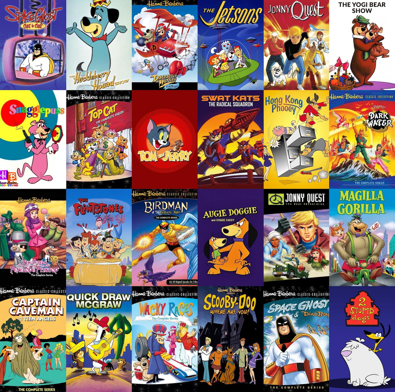 Grid collage of colorful vintage cartoon movie and TV show posters featuring classic animated characters