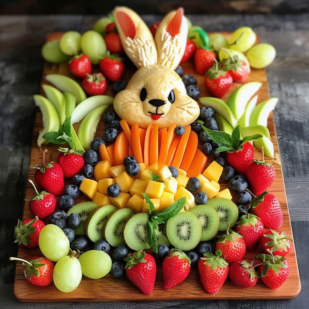 Fruit platter with strawberries, kiwi, grapes, blueberries, carrots, and a bunny-shaped centerpiece on a board