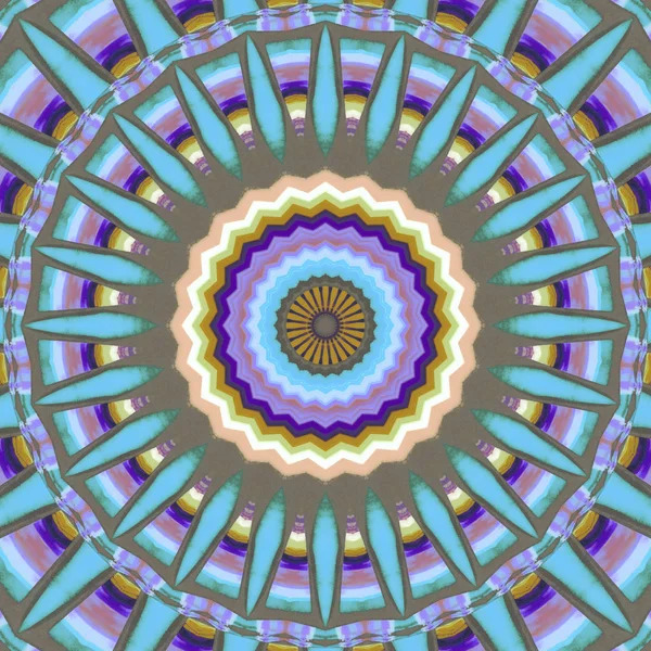 Colorful geometric mandala with radiating symmetrical patterns in turquoise, purple, and gold