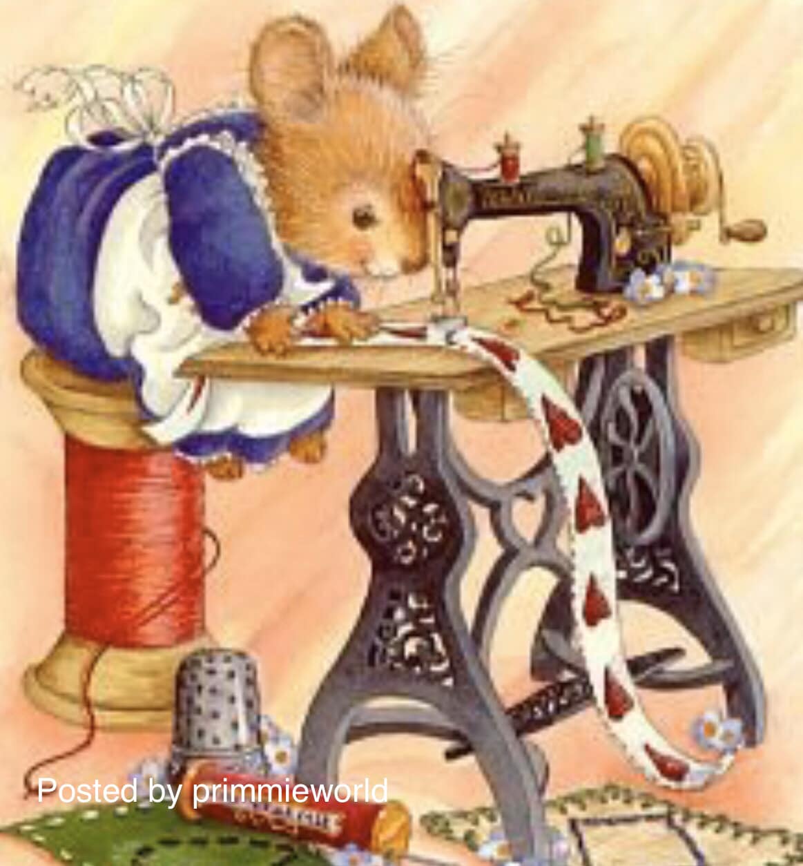 Illustrated mouse in blue dress sewing at vintage treadle machine with thread and supplies