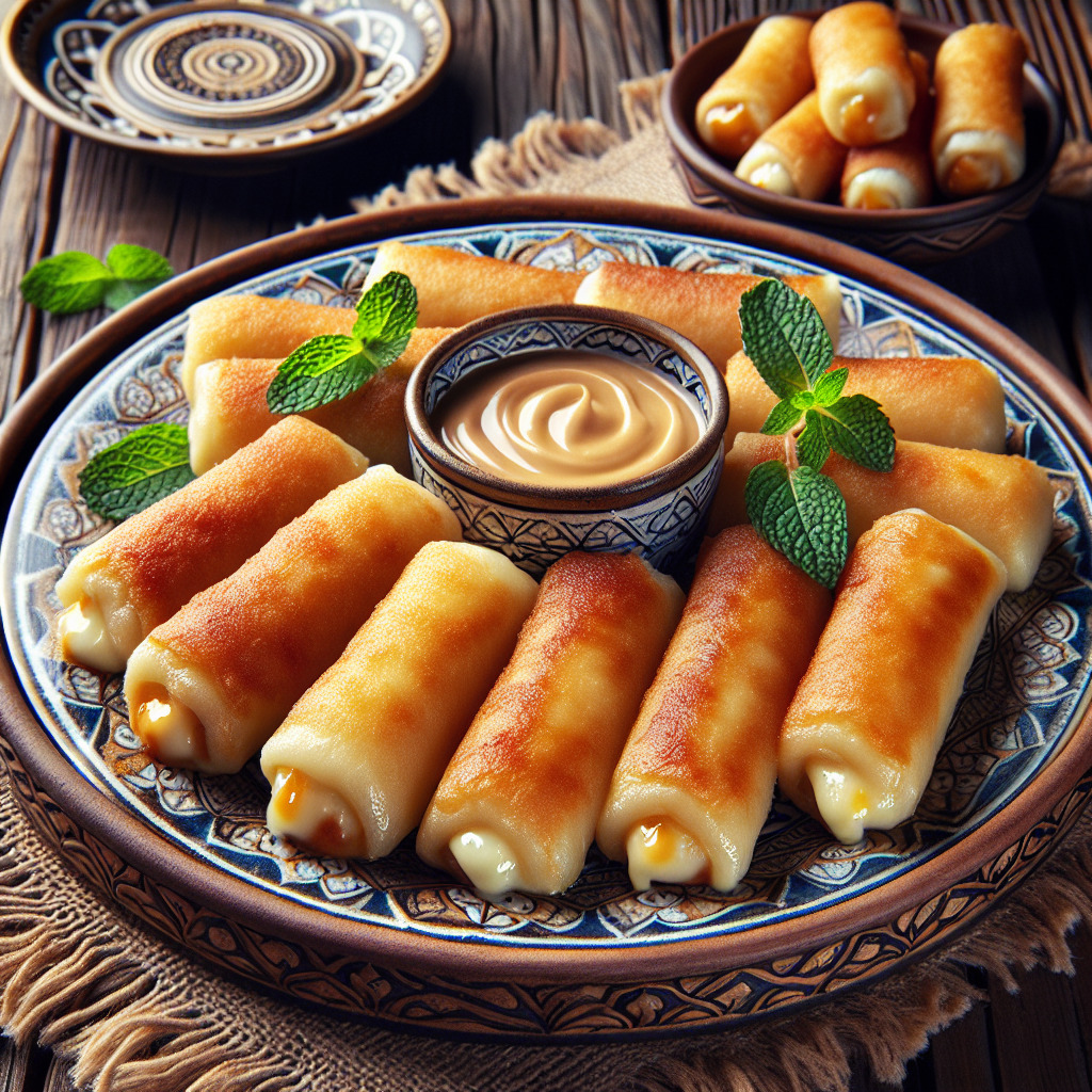 Golden fried cheese rolls on ornate plate with mint leaves and dipping sauce