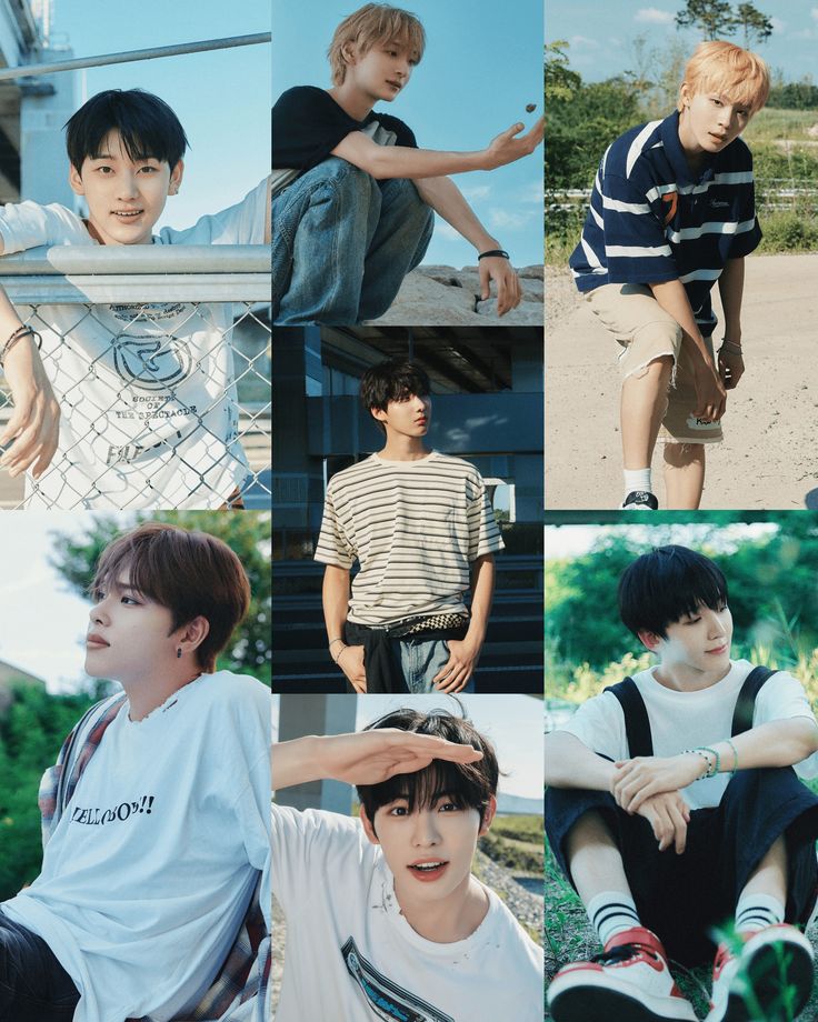 Collage of seven young K-pop male artists in casual outfits posing outdoors
