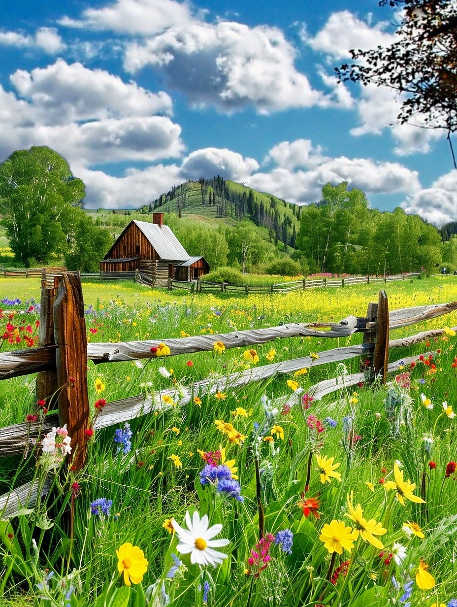Rustic cabin in a wildflower meadow with wooden fence, green mountain, and blue sky with clouds