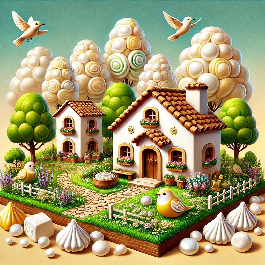 Fantasy cottage with puffy clouds, flying birds, and lush garden on decorative base