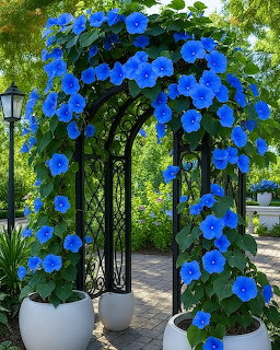 Blue morning glory flowers cascading over black metal garden arch in outdoor garden setting