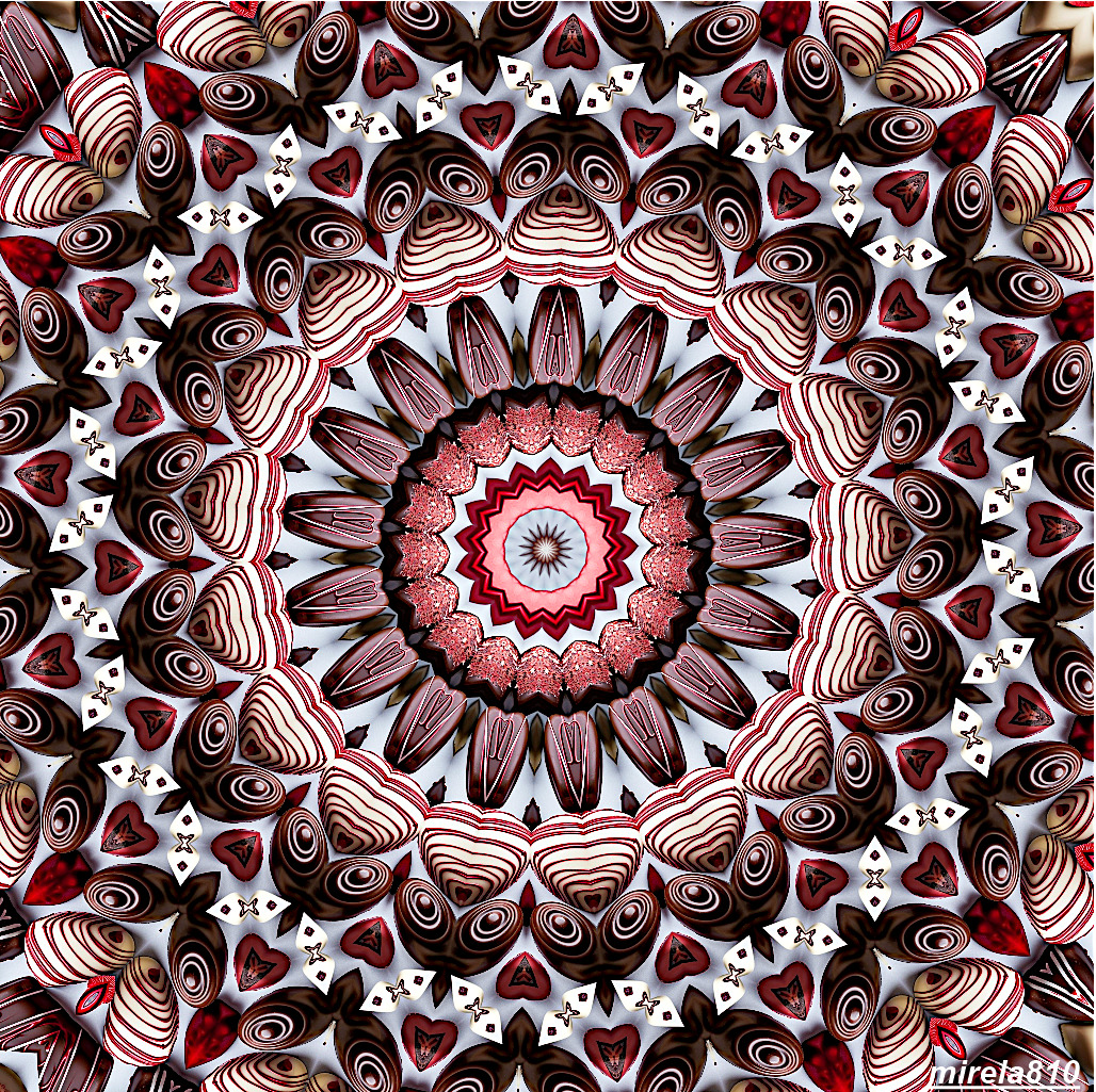 Detailed mandala with concentric floral patterns in pink, brown, and white with a red center