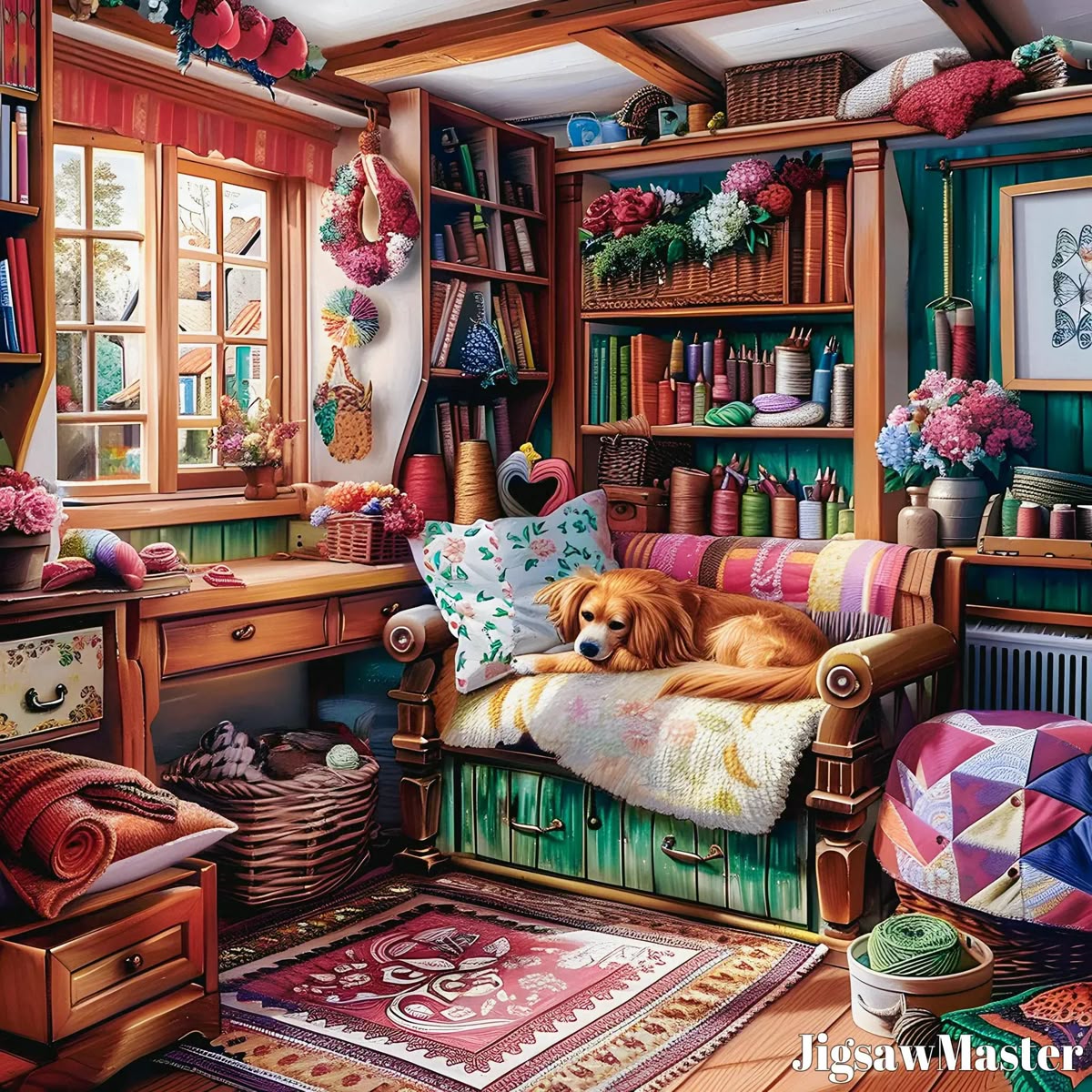 Golden retriever lying on floral cushions in cozy reading nook with bookshelves and warm wooden furniture