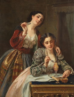 Two women in elaborate period gowns, one standing beside another seated at table with fruit