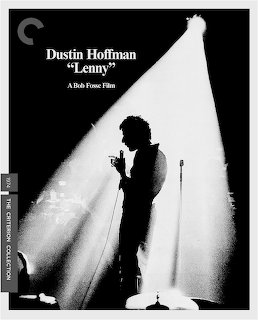 Black-and-white Lenny film poster with a silhouetted performer under a spotlight next to a microphone stand.