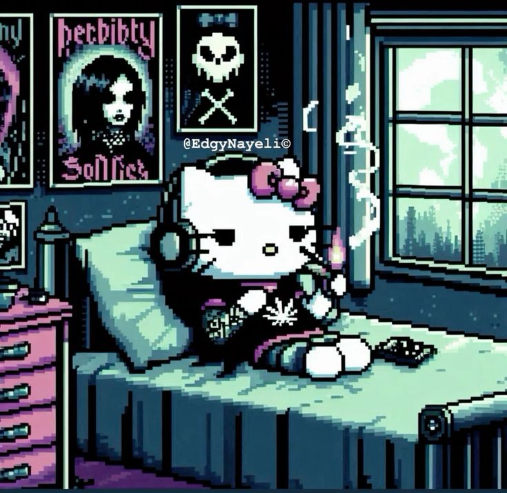 Pixel art Hello Kitty sitting on a bed in a dark bedroom with wall posters and a window.