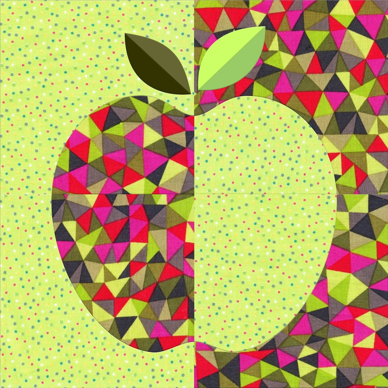 Abstract apple silhouette filled with colorful triangular mosaic pattern on yellow dotted background